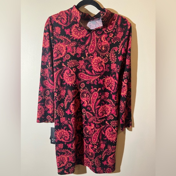 AGB paisley dress women S print high neck midi 3/4 sleeve red lightweight new - Picture 8 of 14